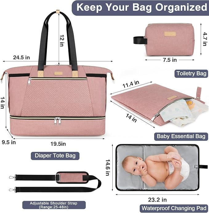 Diaper Bag Tote for Baby 7PCS, Large Mommy Bag with Portable Changing Pad | Multifunctional Hospital Bags for Labor and Delivery with Pacifier Case and Organizer Pouches,Travel Baby Bag for Boy Girl