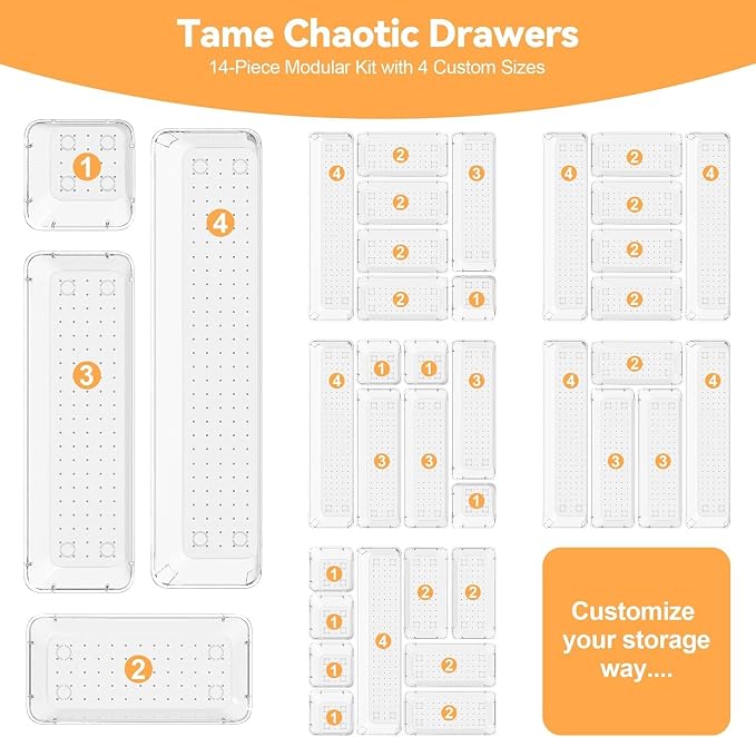 DCA 14 PCS Clear Drawer Organizer, Vanity Organizer Storage Trays | Makeup & Bathroom Organizer | Vanity Drawer Insert | 4 Sizes | Easy to Clean