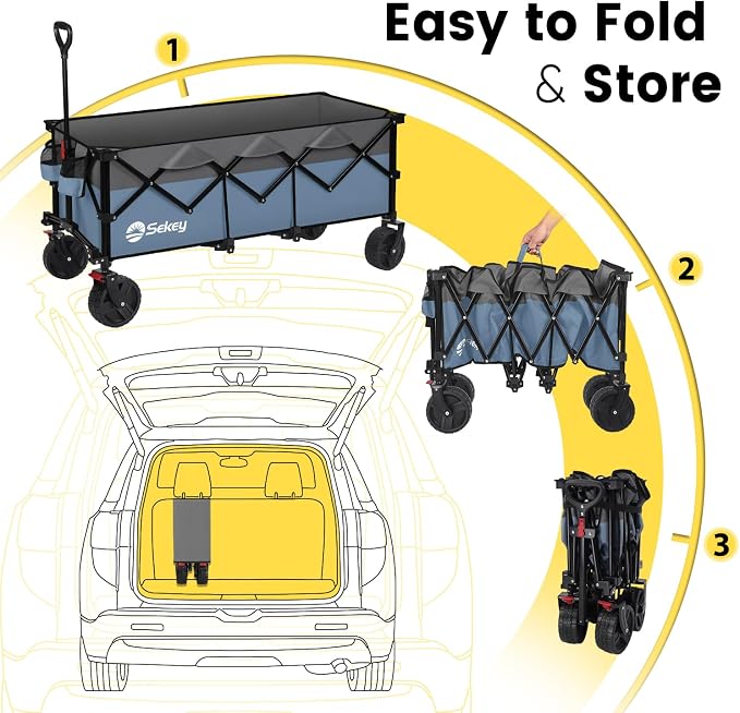 Sekey 48''L Collapsible Foldable Extended Wagon with 660lbs Weight Capacity, Heavy Duty 300L Folding Utility Garden Cart with Big All-Terrain Beach Wheels & Drink Holders. Blue&Grey