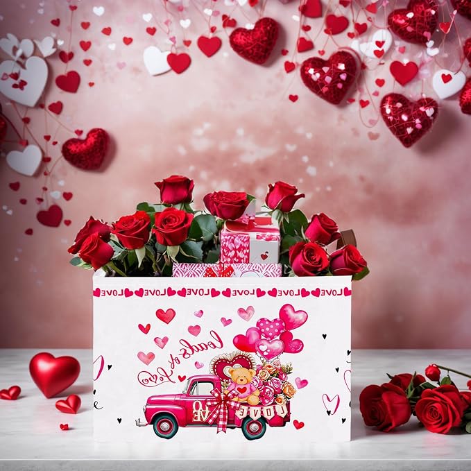 Cute Large Valentine's Day Gift Basket Empty Heart Decor Storage Bin for Kid Baby Room Décor (Rose Red Truck Bear)