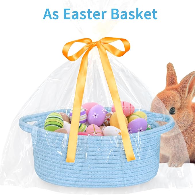 ABenkle Small Basket Empty Gift Basket, Decorative Boho Rope Woven Nursery Storage Organizer Dog Toy Baskets for Baby Showers Christmas Easter with Gift Bags and Ribbons, 12"X 8" X 5"