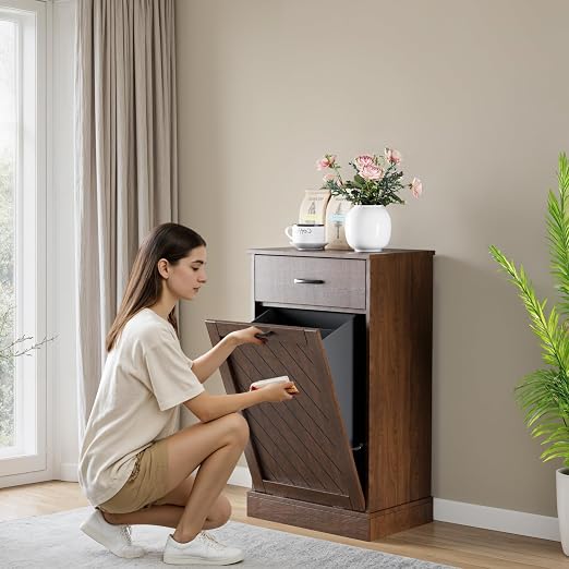 njnj 13 Gallons Tilt Out Trash Cabinet, Kitchen Hidden Trash Bin Cabinet Wood Garbage Recycling Cabinet with Hideaway Drawer, Pet Proof Freestanding Trash Bin for Kitchen Living Room Brown