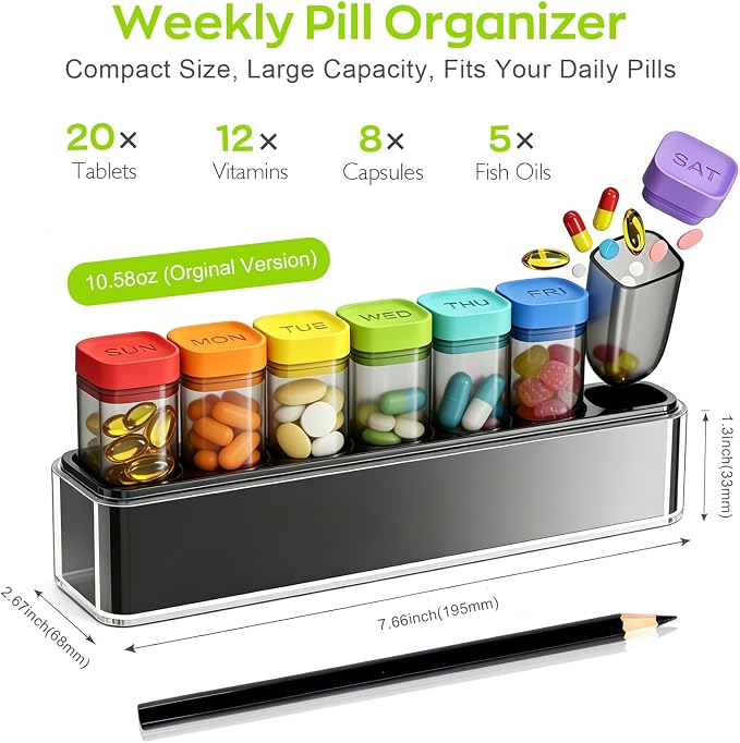 HIONXMGA Weekly Pill Organizer, Detachable 7-Color Pill Box, Easy Open | Portable Travel Pill Case Container for Daily Medication Easy Track, Privacy Protection, Built-in Quick Fill Design, Black