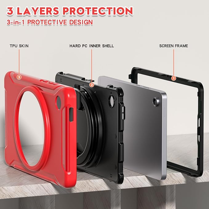 Heavy Duty Shockproof Case for Samsung Galaxy Tab A11 8.7 Inch 2025 (Model: SM-X133/X135/X135F) - with 360° Rotating Stand Handle, Built-in Screen Protector,Kid-Friendly Protective Cover (Red)