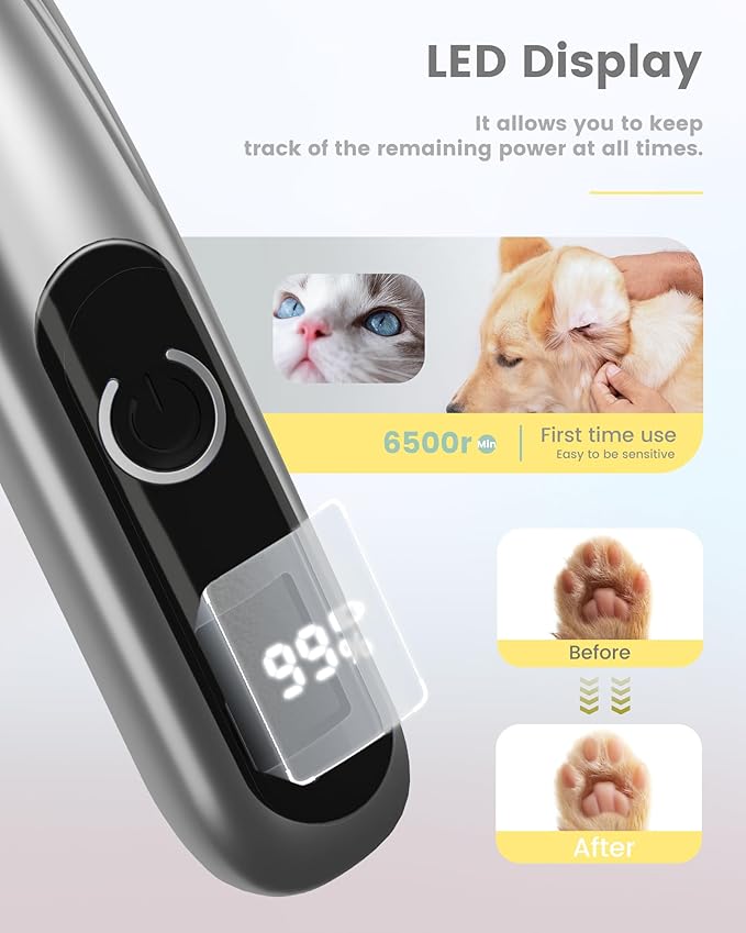 PAPMINI Dog Grooming Kit with LED Display, 35dB Ultra-Low Noise Dog Paw Trimmer, Cordless Hair Trimmer for Paws, Ears, Face, Rump with LED Light (Light Sliver)