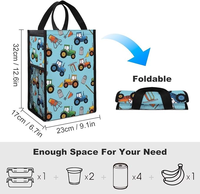 Reusable Thermal Lunch Totes Cooler Bag Portable Insulated Lunchbox Compatible with Milk Farm Tractors Food Organizer for Office Travel