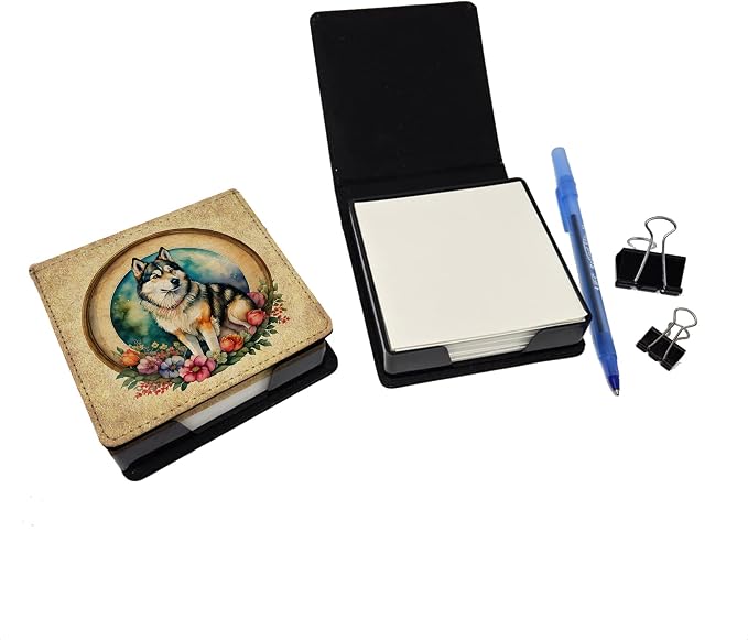 Caroline's Treasures Alaskan Malamute and Flowers PU Leather Note Paper Holder with Artist-Designed Cover, Desk Accessory, Office Gift
