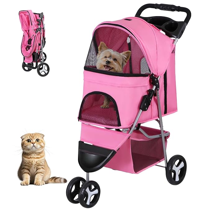ZENY Pet Stroller for Small/Medium Dogs and Cats Foldable Dog Stroller | with 3 Wheels, Pet Strolling Cart, Dog Travel Carrier with Storage Basket, Cup Holder, Pink