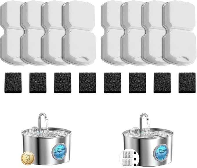 GIOTOHUN Cat Fountain Filters Replacement: 16 Pet Water Fountains Filter - 8 Carbon Filters & 8 Foam Filters - Suitable for GIOTOHUN Stainless Steel Cat Fountain S11