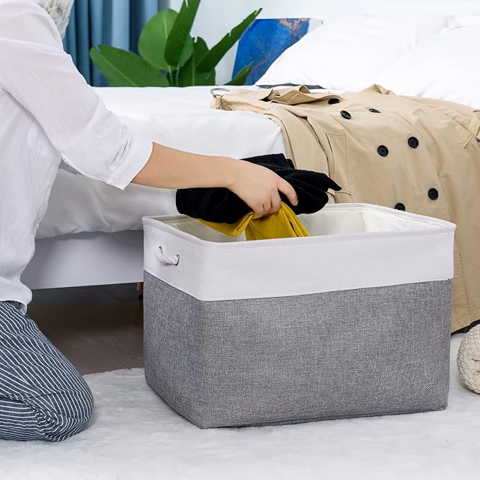 Storage Bins Baskets for Organizing, 20.5L×15.7W×13.8H 3 Pack Sturdy Fabric Storage Basket W/Handles, Decorative Foldable Storage Baskets for Shelves Closet Nursery Toy (White & Grey)