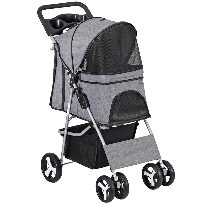 4 Wheels Dog Stroller Folding Pet Strolling Cart for Small Medium Cats Puppies Portable Jogger Travel Camping Puppy Carrier with Storage Basket Cup Holder, Gray