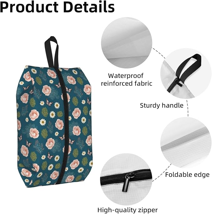 Vintage Romantic Rose & Daisy Travel Shoe Bag for Men & Women, Waterproof Shoe Storage Organizer with Zipper, Portable Shoe Pouch for Sneakers, Heels, Sandals, Gym & Travel Luggage 2PCS