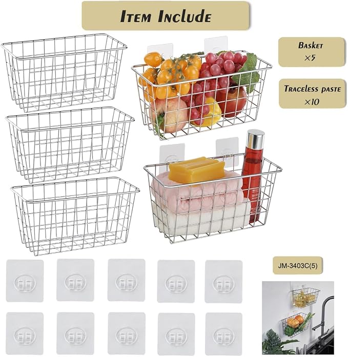 JUNCHU CHERRY 5 Pack Hanging Storage Basket, Bathroom Basket, Household Goods, with Traceless Tape, no Drilling, for Cabinet Storage, Kitchen, Bathroom, Storage Room,Chrome