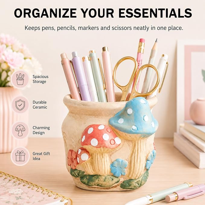 Ceramic Mushroom Shaped Pen Pencil Holder for Desk Decoration Accessories Mushroomb Decor Makeup Brush Pen Cups Office School Ideal Gifts for Women, Mom or Birthdays
