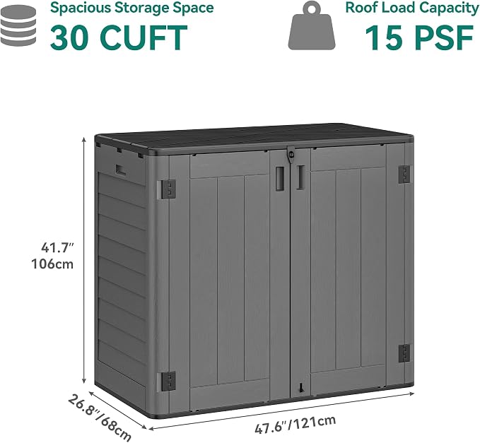 YITAHOME 30 Cu Ft Outdoor Storage Shed with Shelf, Waterproof Storage Cabinet for Bike & Garden Shed, Horizontal Outdoor Storage Shed for Garage, Pool Storage, Dark Gray & Black