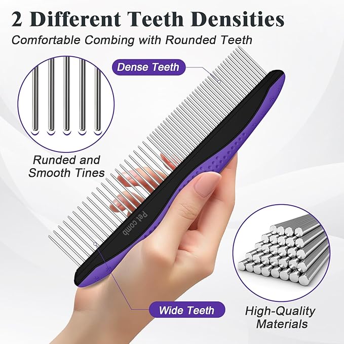 2PCS Self Cleaning Slicker Brush & Dog Comb - Skin Friendly Deshedding Grooming Tool for Dogs, Cats and Small Animals, Professional Deshedding Dematting Tool for Long and Short Haired Pets (Purple)