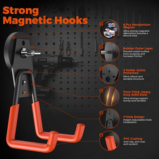 6 Pack Large Magnetic Hooks Heavy Duty, Strong Magnet Storage Hooks | Industrial Neodymium Magnet, Big Magnetic Utility Holder for Hanging Power Drill Garden Tools Garage Pegboard Workshop Broom