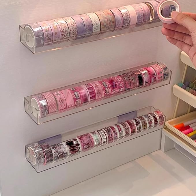Clear Tape Organizer, PET Washi Tape Holder with Adhesive Mount | Sticker Roll Dispenser for Desk, Wall Mount Label Roll Holder, Craft Supply for Scrapbooking, Ribbon Storage Rack