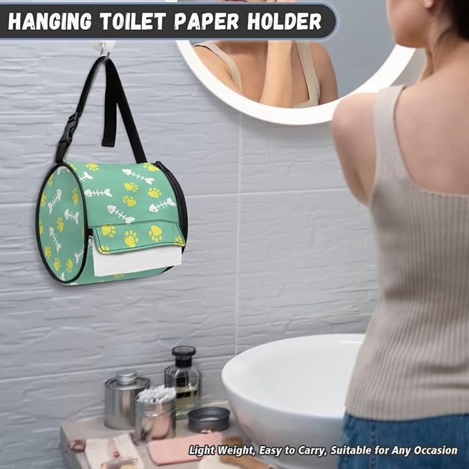 Hanging Bathroom Toilet Paper Tissue Holder Wall Mounted Tissue Towel Roll Holder with Adjustable Strap Easy Installation,Fish Bone