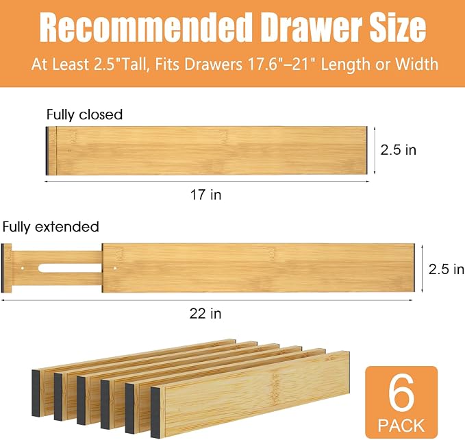 Bamboo Drawer Dividers, Adjustable Drawer Organizers, Fits 17.6–21" Drawers | 2.5" High, 6 Pack Expandable Drawer Separators for Kitchen, Nursery, Dressers & Office Storage, Natural
