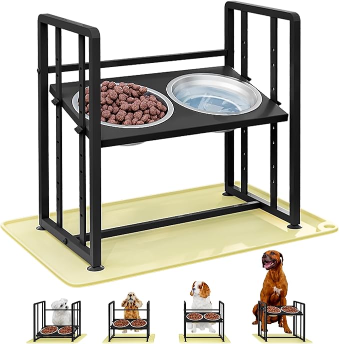 INGIORDAR Dog Bowls Elevated Height Adjustable Raised Dog Bowl Feeding Mat | Metal Pet Food Feeder Dish Station Non-Slip Dog Bowl Stand Stainless Steel Food Water Bowl