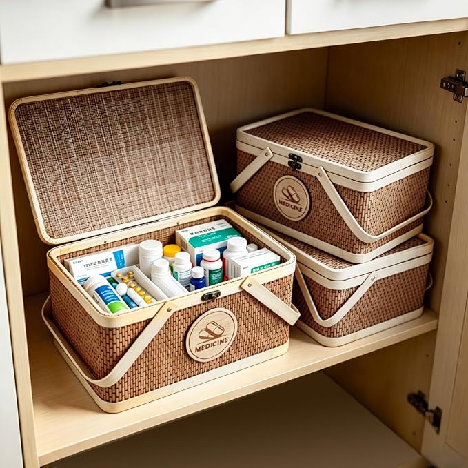 Medicine Basket, Medicine Basket Organizer with Lid, Seagrass Storage Basket Bins for Medicine Pill Vitamin Bottle