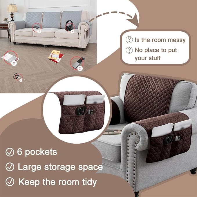 Water-Resistant Sofa Armrest and Headrest Covers with Side Pocket | Keep remotes close quilted polyester helps guard against wear, pet scratches, and kids' messes silicone backing adds grip