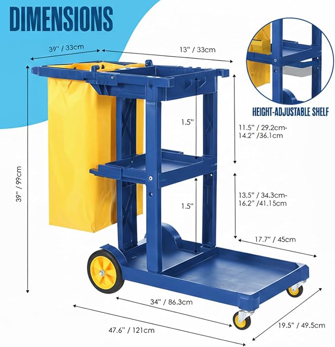 Cleaning Cart, Janitorial Cart, Cleaning Caddy with Wheels, Maid 440 LB | Houseables for Housekeeping, Janitor, Custodian, House Keeping, Maintenance, Rolling Supply Organizer, Custodial, Commercial