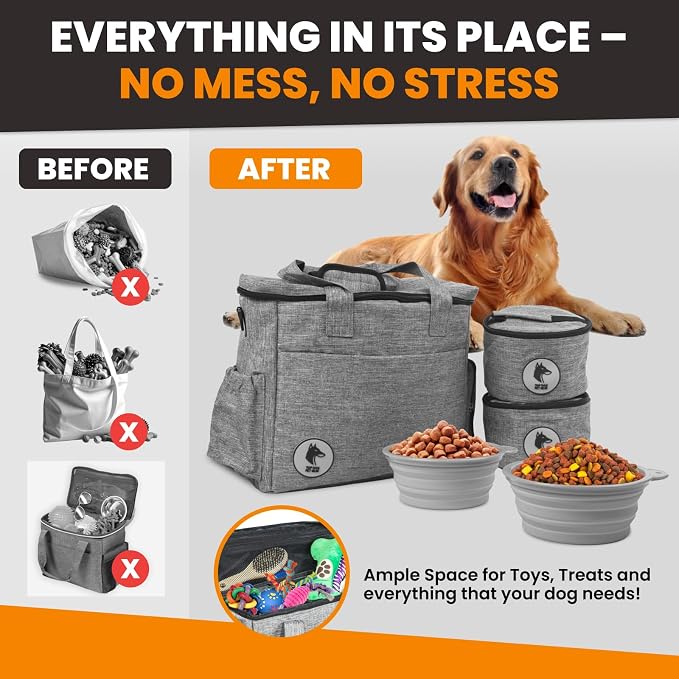 Dog Travel Bag for Supplies - Airline Approved Pet Backpack Organizer | Pet Supply Organizer with Collapsible Bowls, Food Containers, Luggage Sleeve - Camping Gear, Road Trip Essentials