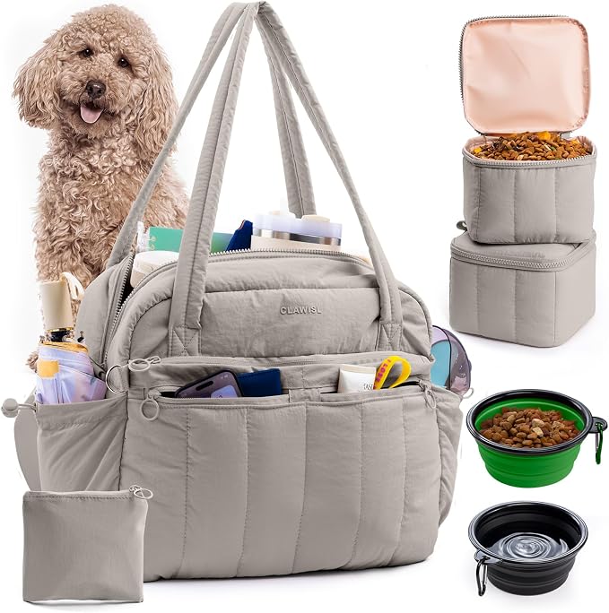 Dog Travel Bag for Supplies, Airline Approved Pet Travel Organizer with 2 Food Containers & Collapsible Bowls, Large Capacity Dogs Tote Bag for Weekend, Stylish Dog Mom Gift for Pet Lovers
