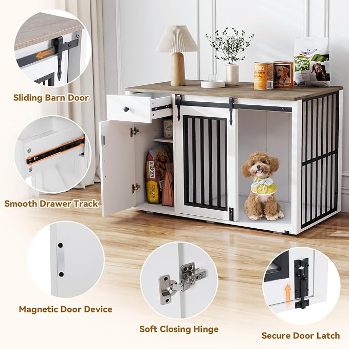 Verano Garden 44" Dog Crate Furniture, Dog Kennel (44" Left Facing Door) | 2-in-1, Lockable, Sliding Door, Removable Divider, Adjustable Shelf, Farmhouse, Heavy Duty, Small Medium Dogs, White