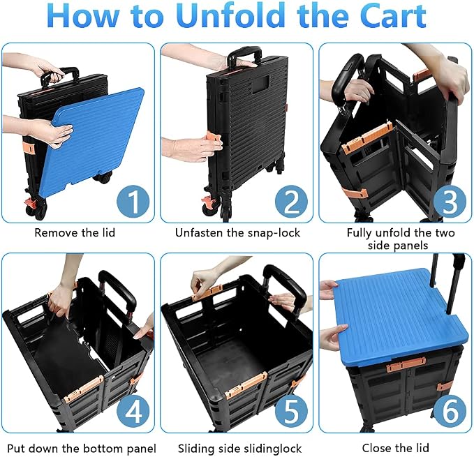 FELICON SELORSS Foldable Utility Cart Folding Portable Rolling Crate-Blue | Heavy Duty,Telescoping Handle,4 Rotate Wheels,Collapsible Handcart for Travel Shop Move Luggage Laundry Teacher Office Use