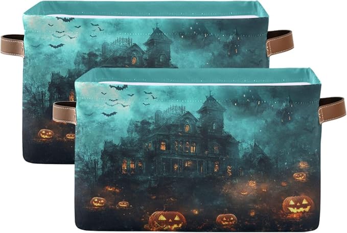 Halloween Castle Storage Basket with Waterproof Liner and PU Handles Spooky Bat Pumpkin Lantern Storage Bins Boxes 14.2" Collapsible Decorative Organizer Baskets for Bedroom Closet Office 2 Pack