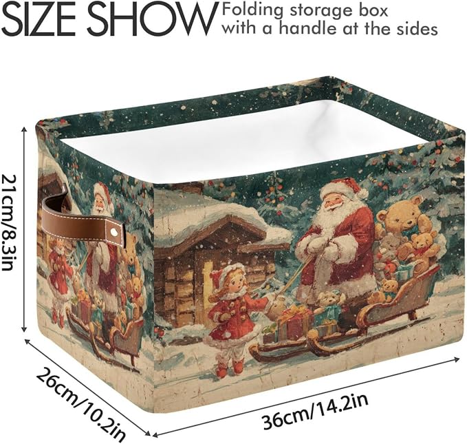 White Christmas Santa Claus Pattern Rectangular Storage Bin Basket with Handles - Organizer Bin for Clothes Books Laundry Basket for Pets Playroom