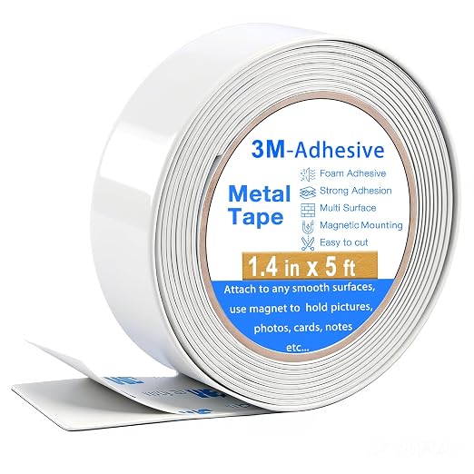 Metal Tape for Magnets, (1.4'' Wide x 5 ft Long) 3M Adhesive Flexible Metal Strips Roll, Ferrous Tape Stick on Wall to Hold Magnetic Products (Metal-1.4in x 5ft)