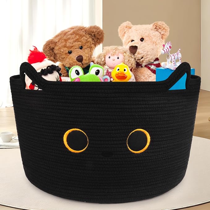 Large Black Cat Basket for Nursery,Cute Cat Woven Laundry Blanket Cotton | Rope Extra Storage Basket with Handles, 0rganize Decorative Gifts for Towels Pillow Clothes Hamper Toy Bin,23"D×13"H