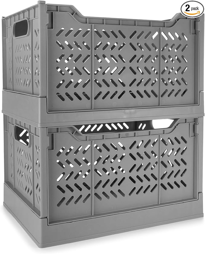 2 Pack Stackable Storage Crates, Plastic Foldable Baskets Tall Gray | Easy-carry handles, suitable for toys books groceries office supplies and household storage for home office shopping