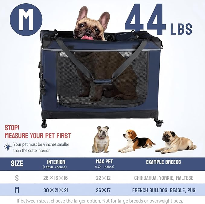 PEGIC 30" Collapsible Rolling Dog Crate for Medium Dogs | Up to 44 lbs,Detachable Wheel, Soft-Sided Travel Kennel, Mesh Windows, Foldable for Car, Vet Visits & Road Trips