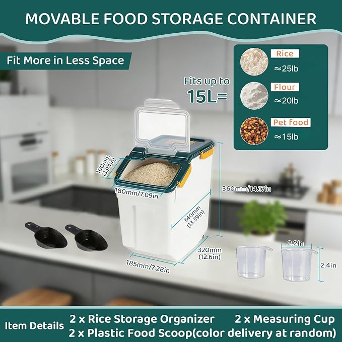 Saim 2Pack 25lb Flour&Rice Storage Container Bin,Rice Dispenser (Dark Blue) | BPA free plastic with seal lid, rolling wheels and measuring scoop for rice, flour, cereal and grain one-hand scooping
