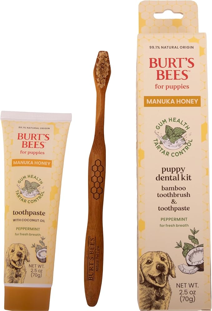 Burt's Bees for Pets Dental Kit for Puppies with Bamboo Toothbrush & Toothpaste with Manuka Honey & Coconut Oil for Gum Health & Tartar Control, 99.1% Natural Origin Formula, Peppermint, 2.5 oz