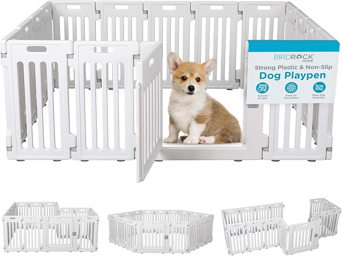 BIRDROCK HOME Dog Playpen w/Door, 16 Panel, 25.6in H | Strong Plastic, Non-Slip Puppy Playpen, Secure Pet Gate | Indoor Outdoor Fence | Configurable Panels | Medium to Large Pets - White | 17-Panel Durable Plastic Playpen for Puppies and Small Dogs, Pe...