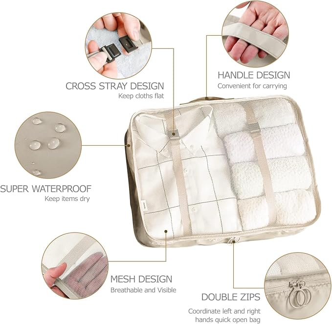 LANSKLBD 6/8 Set Packing Cubes for Suitcases Travel Luggage Packing Organizers,Travel Accessories Essentials Luggage Organizer with Shoe/Tioletry/Laundry Bag (Beige, 6 set)