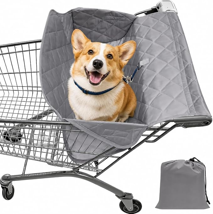 Shopping Cart Cover for Dogs with Storage Bag, 22.5 x 14.5 Inch | Quilted Pet Grocery Cart Seat Protector Pad with Safety Buckle, Washable Portable Cart Cover for Small Dogs Standard Carts
