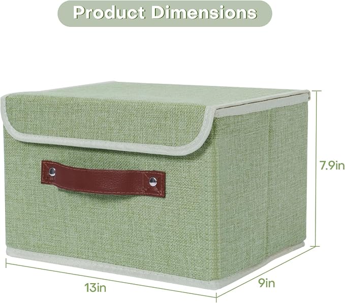 ANMINY Fabric Storage Box Bins with Lids, Green, 13"x9"x7.9", 2 Pack | Keepsake Memory Storage, Cotton Linen, PP Board Reinforced, Washable, PU Handles, Foldable & Stackable, Decorative, Medium