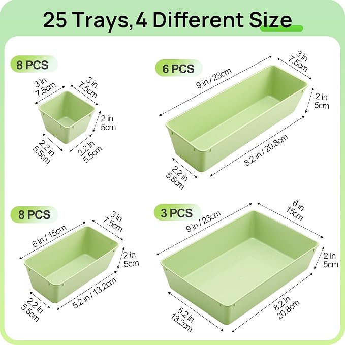 Vtopmart 25 Pack Plastic Drawer Organizers with Non-slip Rubber Pads | 4-Size Versatile Makeup Organizer, Storage Containers Small Bins for Makeup, Jewelries, Bedroom, Kitchen Utensils and Office