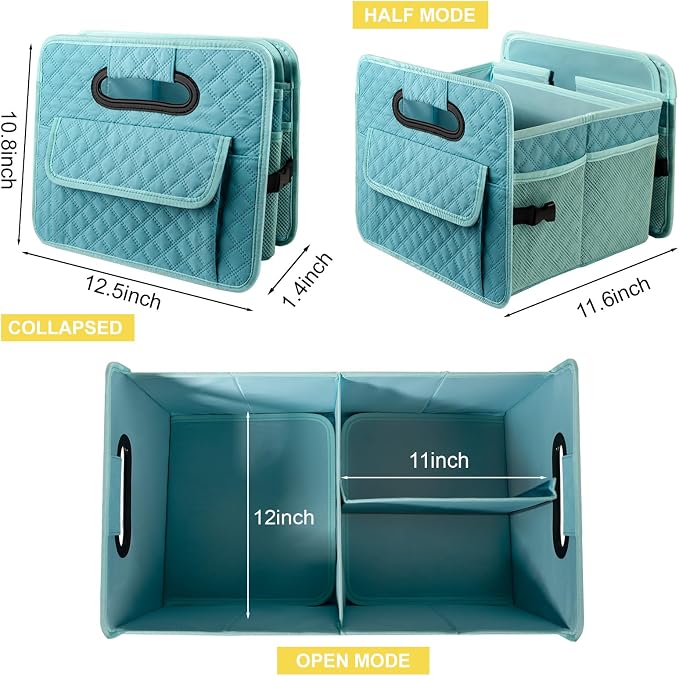 Car Trunk Organizer for SUV, Collapsible Car Storage Organizer Lake Blue | Sturdy, Large Capacity, Diamond Decor, Multi Compartment Container Box Adjustable Car Accessories for Sedan Truck