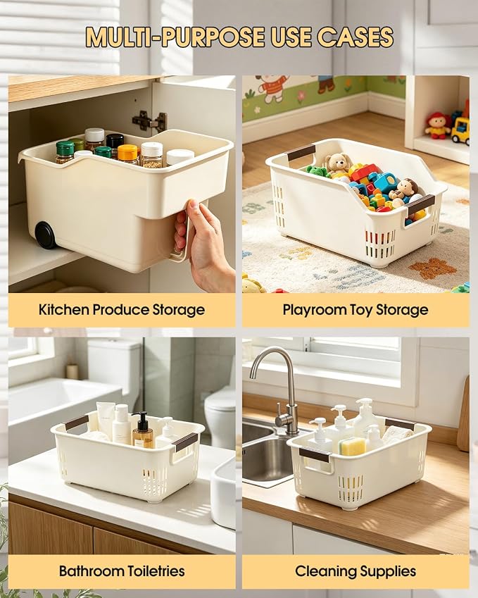 3 Pack PP Organizer with Wheeled Storage box for Kitchen Cabinet Bin | 3 pack organizer kitchen, laundry, garage at once; organizer with rolling wheels glide out from high cabinets easily