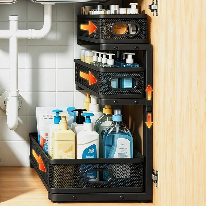 1 Pack 3 Tier Under Sink Organizer with Pull Out Drawer, Height Adjustable Heavy Duty Metal Under Cabinet Organizer, Smooth Sliding Storage Shelf for Kitchen, Bathroom Cabinet Organization, Black