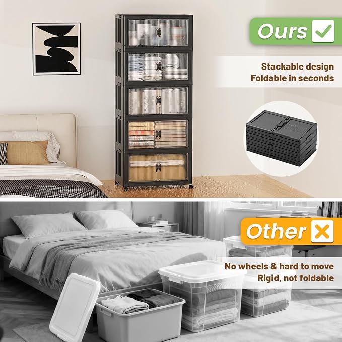 SAILUN 175Qt Stackable Storage Bins,Storage Cabinet with a Lid,5 Pack Black