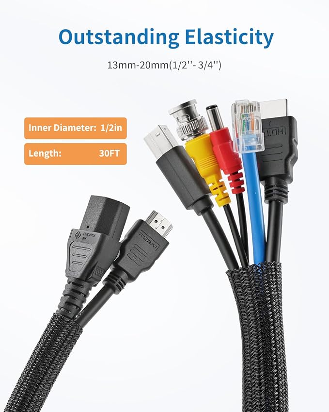 Yecaye 30ft - 1/2 inch Cord Protectors from Pets no Chew, Black | Split Cable Management Sleeves, Wire Loom Tubing for TV USB Cord Protector, Cord Covers for Pets Bite-Resistant